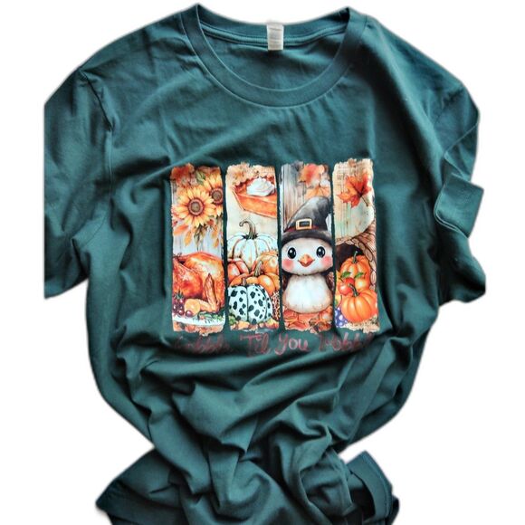 Canvas Gobble Til You Wobble Graphic Unisex Pullover Forest Green Tee Soft Sz L - Picture 1 of 11